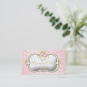 311 Bejeweled Cakes Pink Gold Damask Business Card (Standing Front)