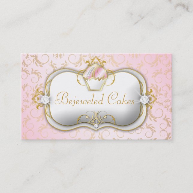 311 Bejeweled Cakes Pink Gold Damask Business Card (Front)