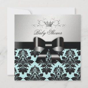 311 Blackberry Blue Damask Black Bow Baby Shower Invitation
