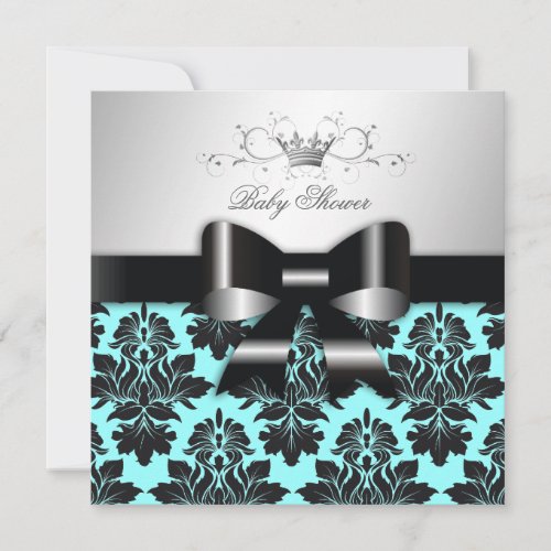 311-Blackberry Blue Damask Black Bow | Baby Shower Personalized Invitation