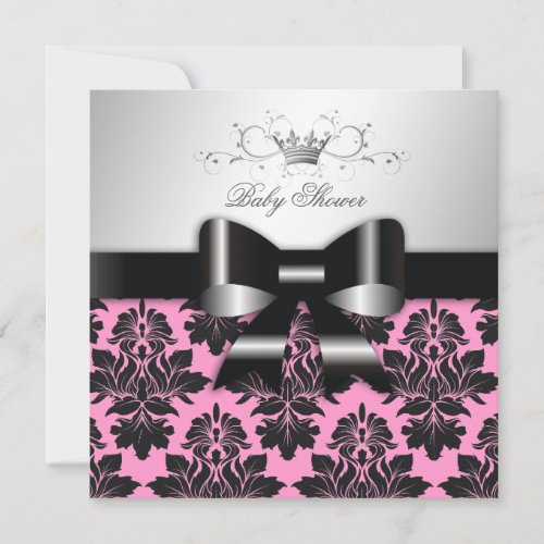 311-Blackberry Pink Damask Black Bow | Baby Shower Custom Invitation