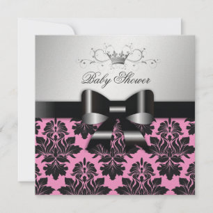 311 Blackberry Pink Damask Black Bow Baby Shower Invitation