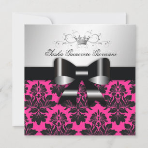 311-Blackberry Pink Damask Black Bow Sweet 16 Invitation