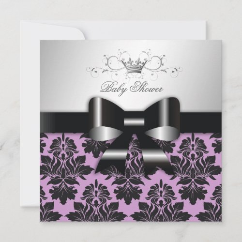 311 Blackberry Purple Damask Black Bow  Baby Invitation