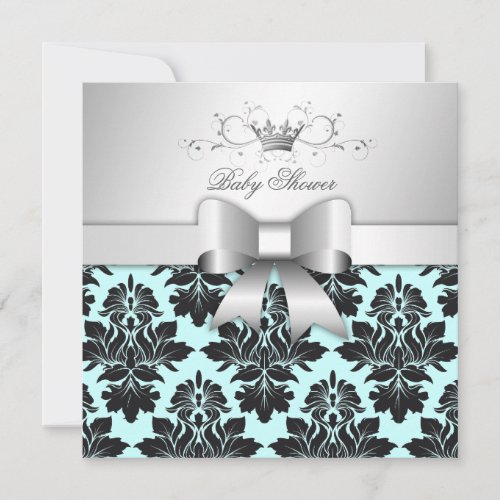 311-Blackberry Sweet Blue Damask Bow | Baby Shower Invite