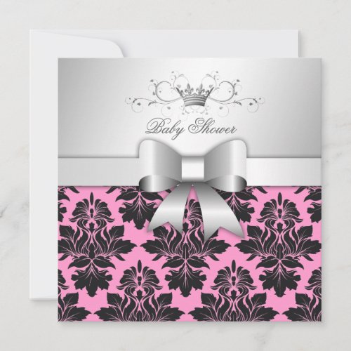 311-Blackberry Sweet Pink Damask Bow | Baby Shower Custom Announcement