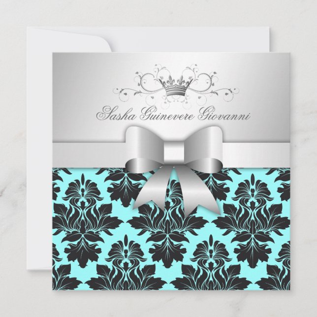 311-Blackberry Turquoise Damask Bow | Sweet 16 Invitation (Front)