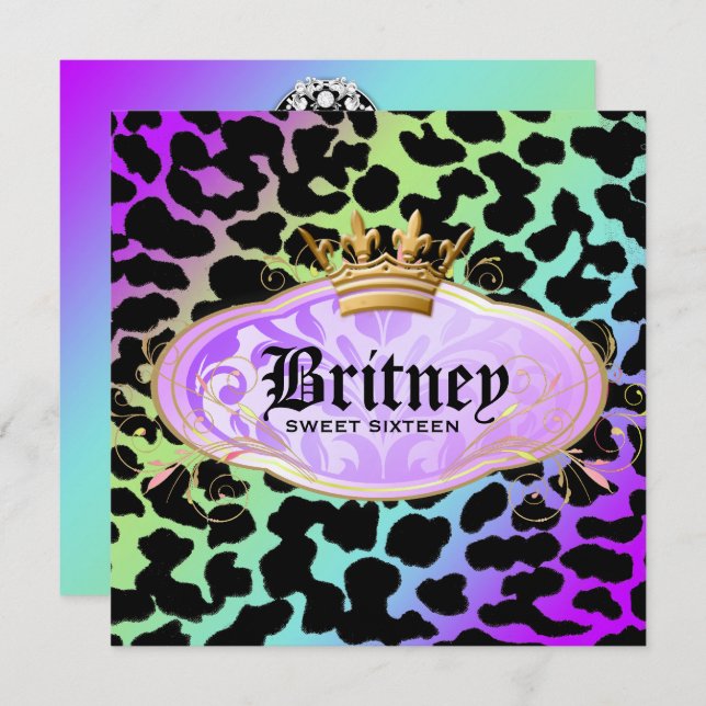 311 Bodacious Leopard Damask Amethyst Rainbow Invitation (Front/Back)
