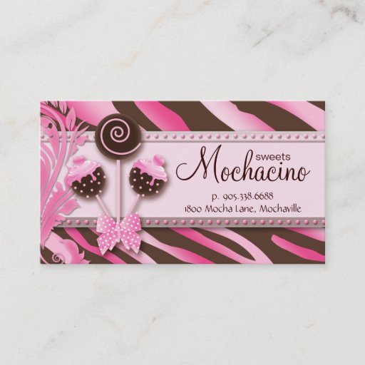 Customizable Cake Pops Business Card Bakery Pink Brown Zebra