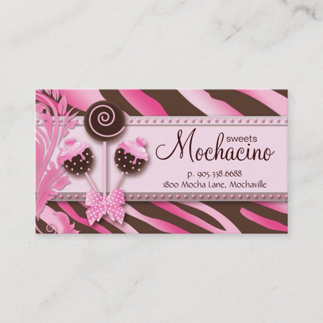 311 Cake Pops Business Card Bakery Pink Brwn Zebra (Front)