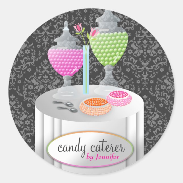311-Candy Caterer | Gray Damask Classic Round Sticker (Front)