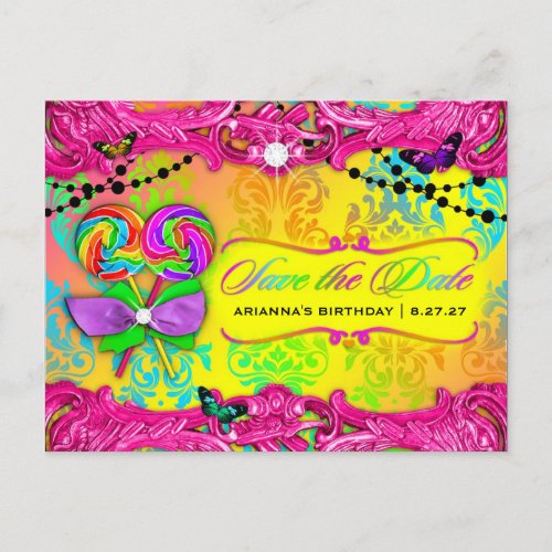 311 CANDY Wonderland Pink Sweet 16 Save the Date Announcement Postcard