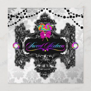 311 Candy Wonderland Sweet 16 White Damask Invitation