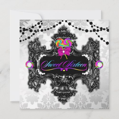 311 Candy Wonderland Sweet 16 White Damask Custom Invitation