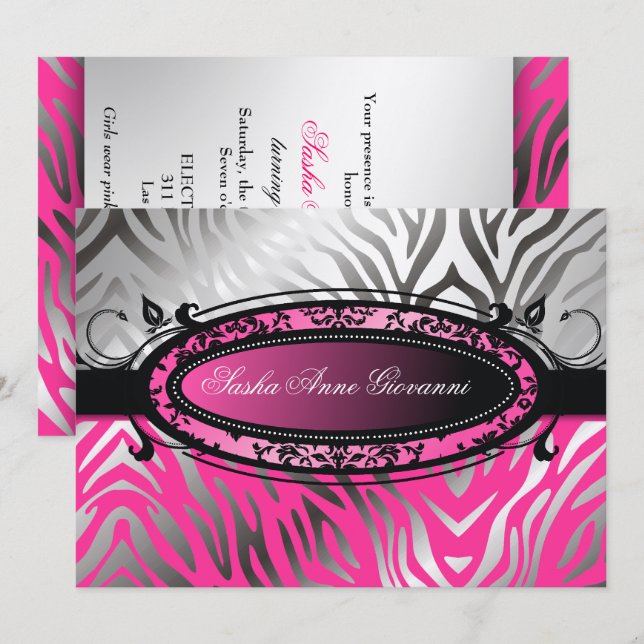 311-C'est Luxueux | Hot  Pink Zebra | Sweet 16 Invitation (Front/Back)
