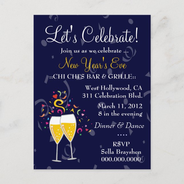 311-CHAMPAGNE CELEBRATION NAVY BLUE INVITATION POSTCARD (Front)