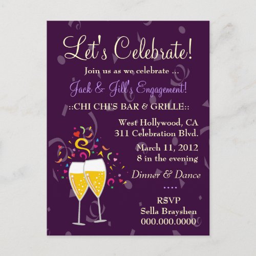 311_CHAMPAGNE CELEBRATION PURPLE INVITATION POSTCARD