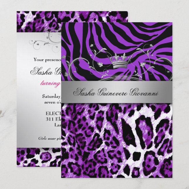 311 Chic Animal Print Metallic Silver Invitation (Front/Back)