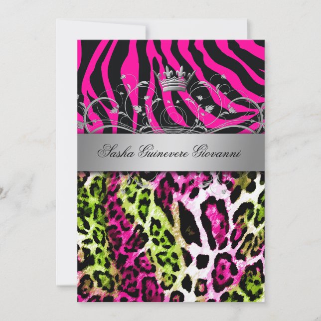 311 Chic Animal Print Pink Lime | Metallic Gold Invitation (Front)