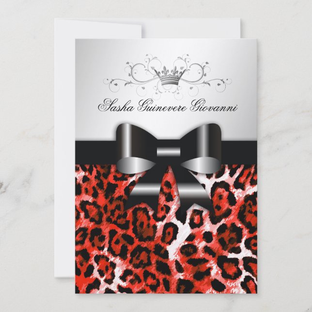 311 Chic Cherry Red Leopard Bow | Metallic Gold Invitation (Front)