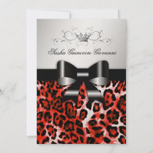 311 Chic Cherry Red Leopard Bow Metallic Gold Invitation