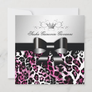 311 Chic Hot Black n Pink Leopard Bow Sweet 16 Invitation