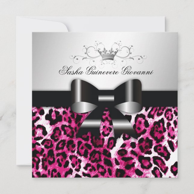 311- Chic Hot Pink Leopard Bow  | Sweet 16 Invitation (Front)