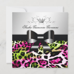 311- Chic Hot Pink Lime Leopard Bow Sweet 16 Invitation