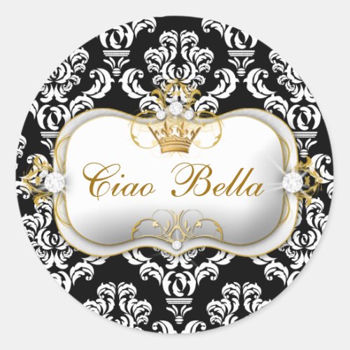 311 Ciao Bella Elegant Damask Black White Classic Round Sticker