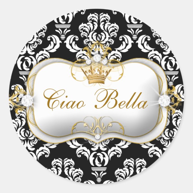 311 Ciao Bella Elegant Damask Black White Classic Round Sticker (Front)
