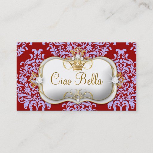 Customizable 311 Ciao Bella &amp; Lovey Dovey Damask Red Purple Business Card Template