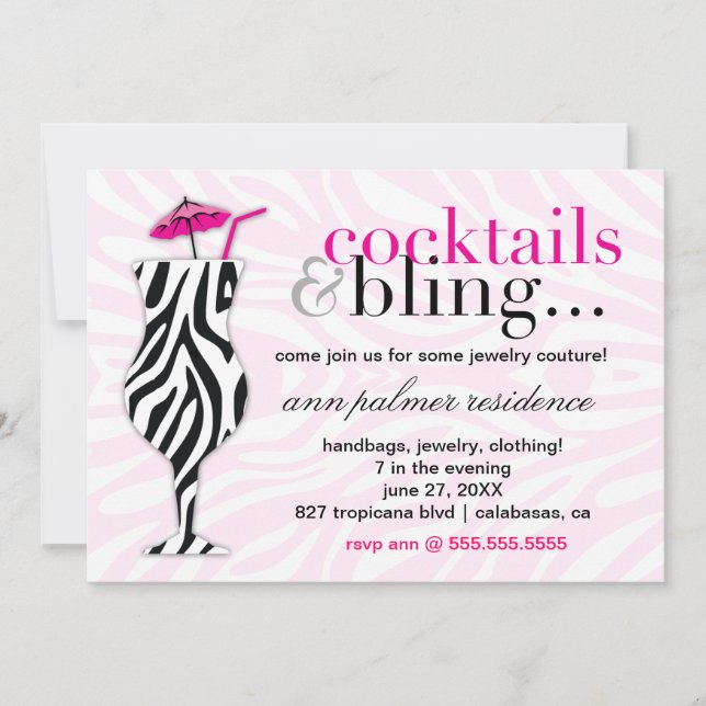 311 Cocktails & Bling Zebra Invitation (Front)