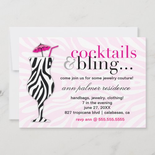 311 Cocktails  Bling Zebra Invitation