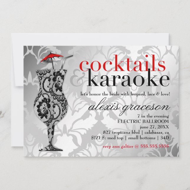 311 Cocktails & Karaoke Red Damask Invitation (Front)