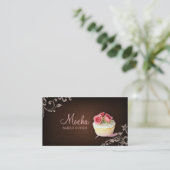 311 Cupcake Business Card Linen Brown Pink Roses (Standing Front)