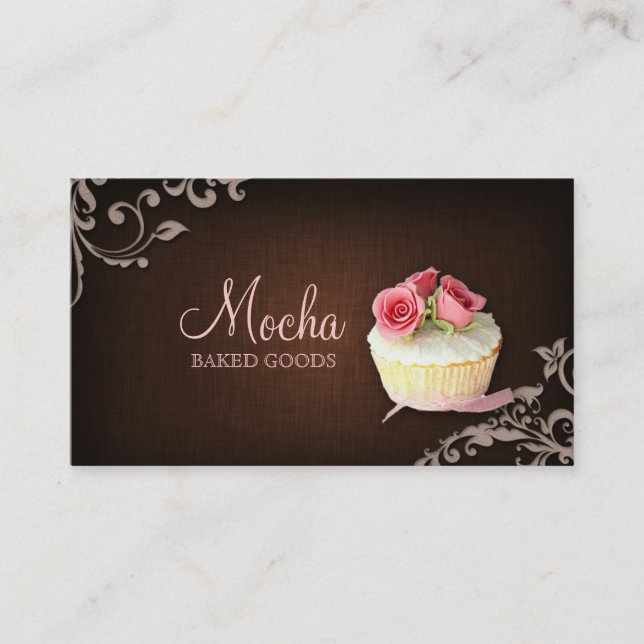 311 Cupcake Business Card Linen Brown Pink Roses (Front)