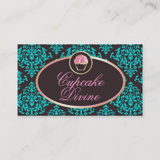 Customizable 311 Cupcake Divine Solid Aqua Damask Business Card