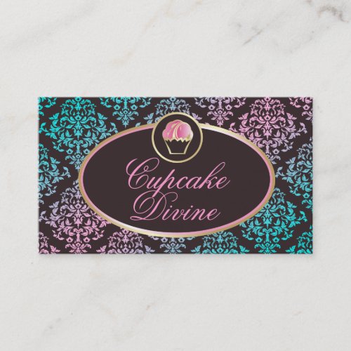 311 Cupcake Divine Solid Aqua Pink Damask Business Cards