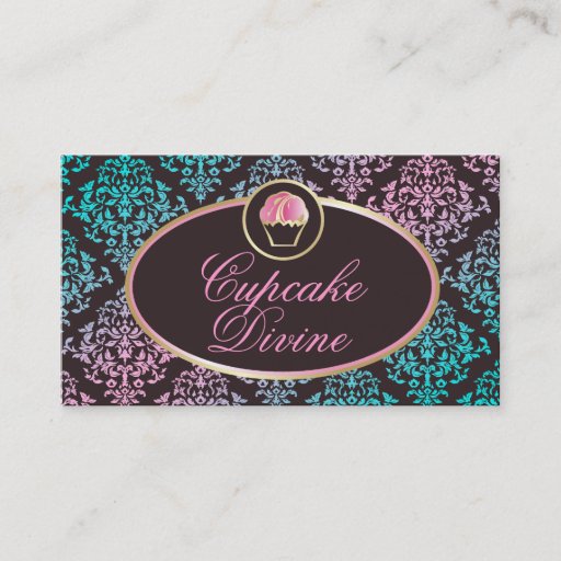 Customizable 311 Cupcake Divine Solid Aqua Pink Damask Business Cards
