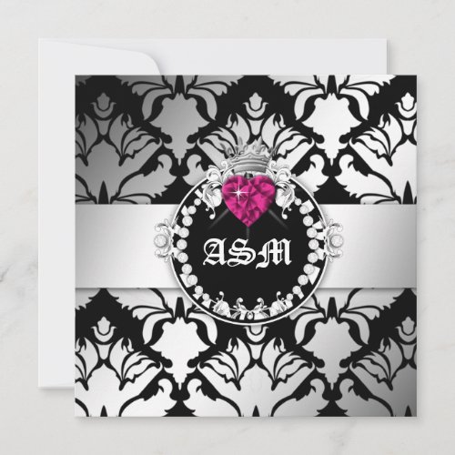 311_Damask Queen of Hearts Sweet 16 BW Invitation