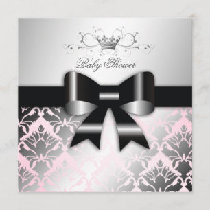 311-Damask Shimmer Black Bow Pink Baby Shower Invitation