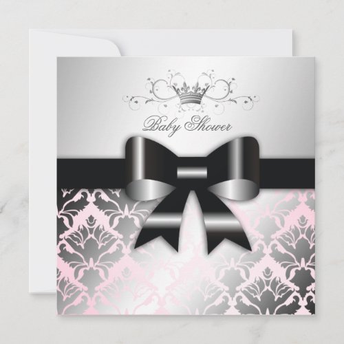 311-Damask Shimmer Black Bow Pink Baby Shower Personalized Announcement