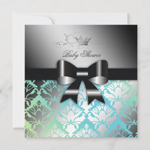 311-Damask Shimmer Black Bow Turq Lime Baby Shower Invite