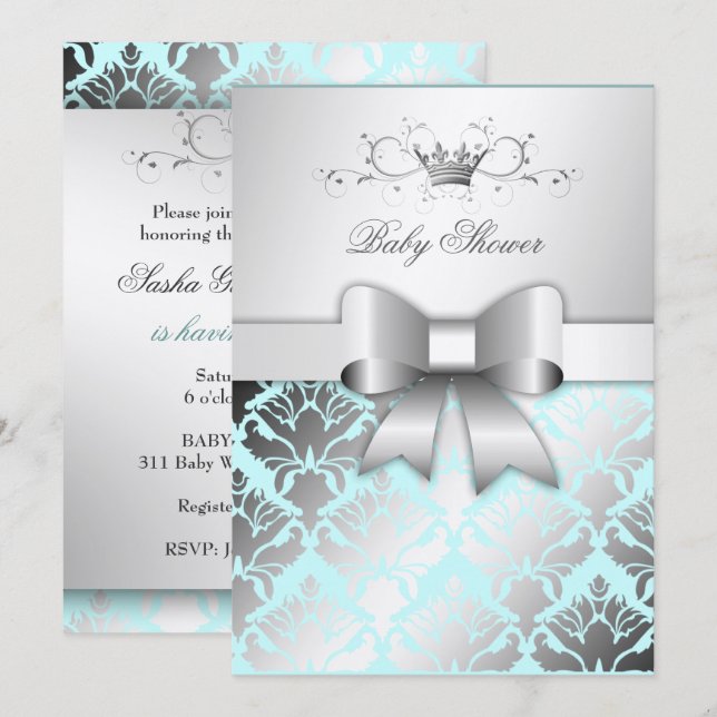 311 Damask Shimmer Bow Boy Blue Baby Shower Invitation (Front/Back)