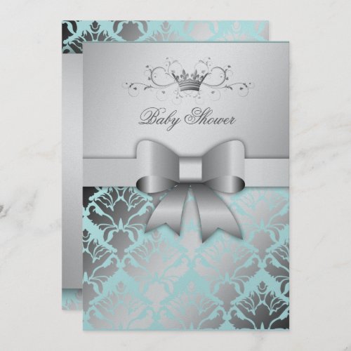 311 Damask Shimmer Bow Boy Blue Baby Shower Invitation