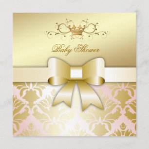 311 Damask Shimmer Bow Champagne Pink Baby Shower Invitation