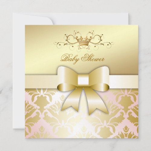 311 Damask Shimmer Bow Champagne Pink Baby Shower Invitation