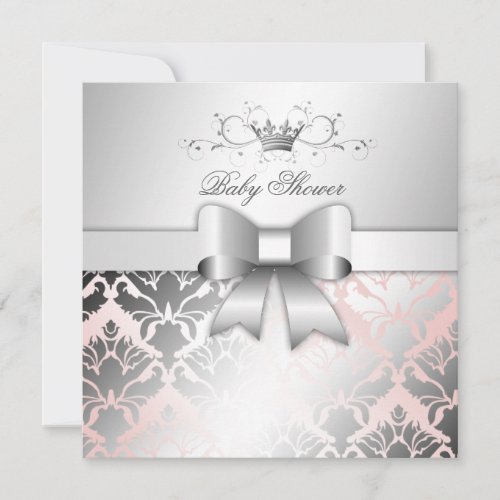 311 Damask Shimmer Bow Champagne Pink Baby Shower Invitation