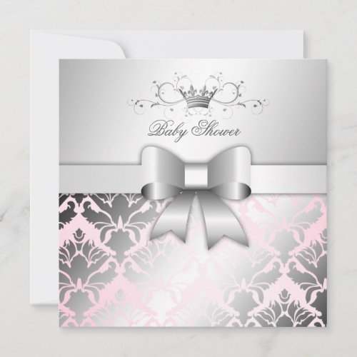 311-Damask Shimmer Bow Precious Pink Baby Shower Personalized Invitation