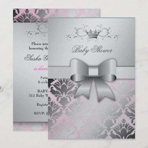 311 Damask Shimmer Bow Precious Pink Baby Shower Custom Invite
